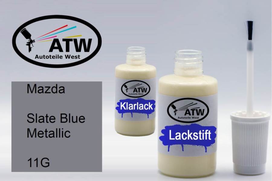 Mazda, Slate Blue Metallic, 11G: 20ml Lackstift + 20ml Klarlack - Set, von ATW Autoteile West.